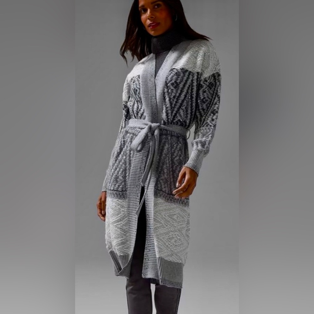BNWT Embellished White House Black Market Fair Isle Belted Long Sweater